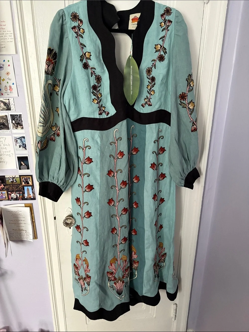 FARM RIO DRESS Women’s Light Teal Embroidered Midi Dress with Black Trim - Picture 1 of 9